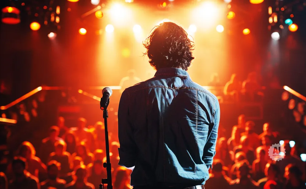 A person in a denim jacket stands facing away from the camera, on a brightly lit stage with a microphone.