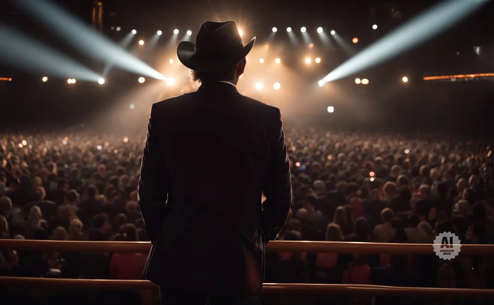 A man in a cowboy hat and suit stands on stage, facing a large, excited crowd.