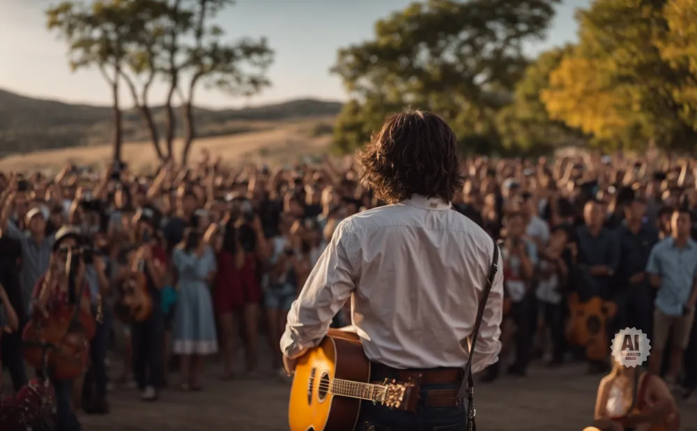Musician with guitar faces a large crowd outdoors at sunset.