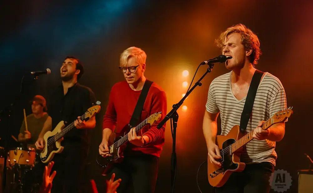 A band performs on stage with guitars and drums, bathed in warm stage lighting.