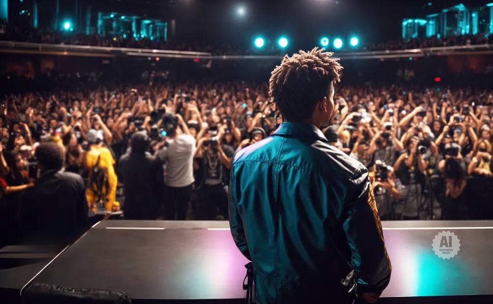 A performer on stage looks out at a crowd of fans holding up cameras at a concert.