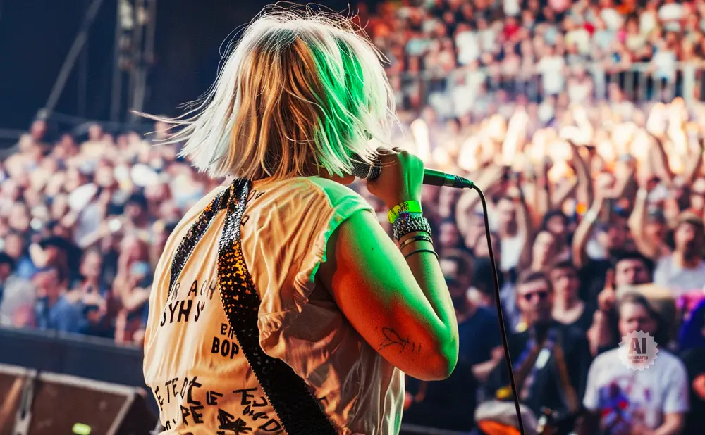 Singer on stage with colorful hair, holding a microphone, with a blurred crowd in the background.