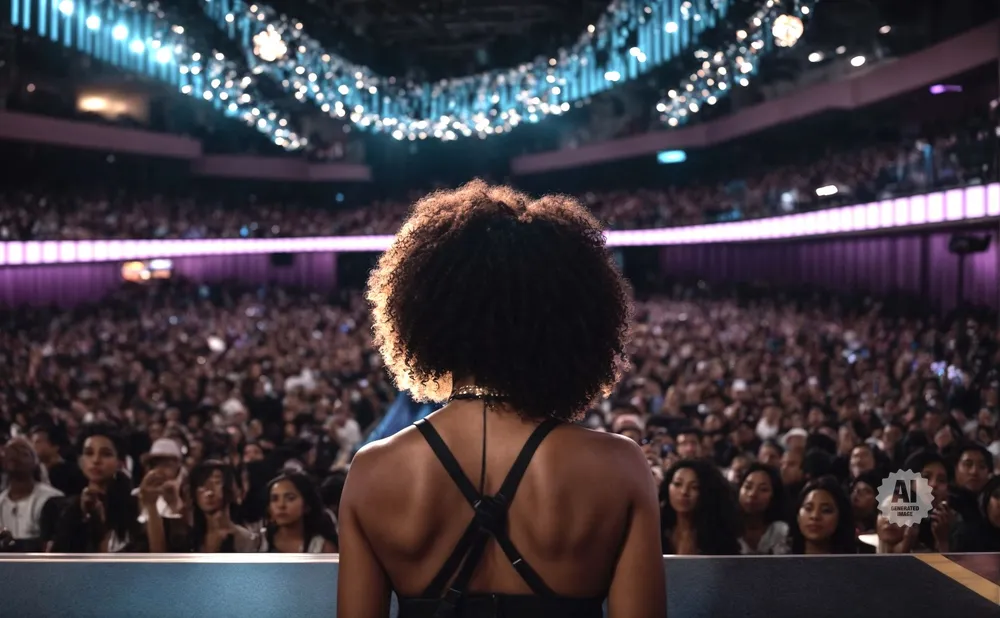 Back of a woman with curly hair on stage, facing a large, cheering audience in a dimly lit venue.