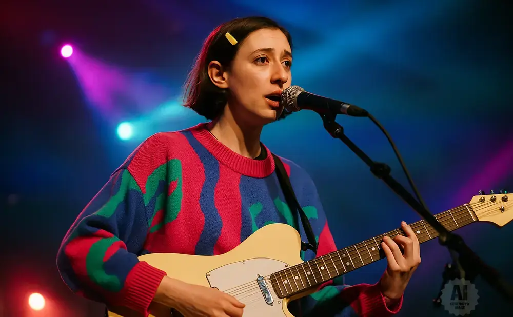 Woman with short dark hair wearing a colorful sweater plays a cream-colored electric guitar and sings into a microphone on a stage with blue and pink li…