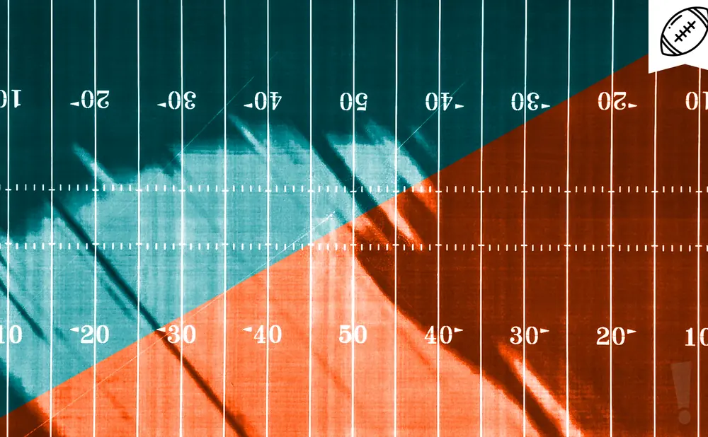 A football field with teal on the left and orange on the right, marked with yard lines and numbers.