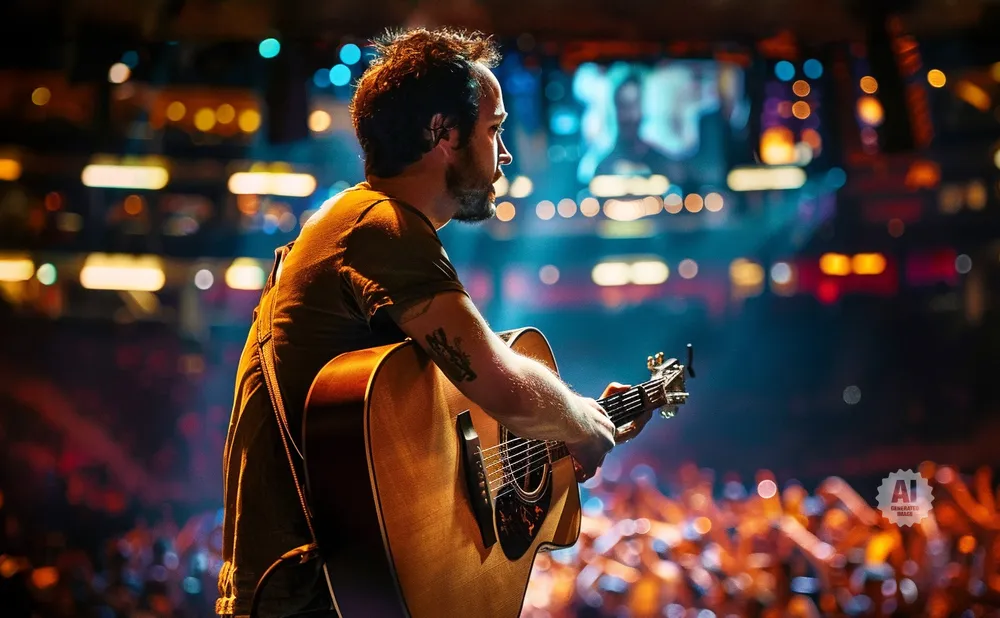 Musician playing acoustic guitar on stage with a blurred crowd and colorful lights in the background.