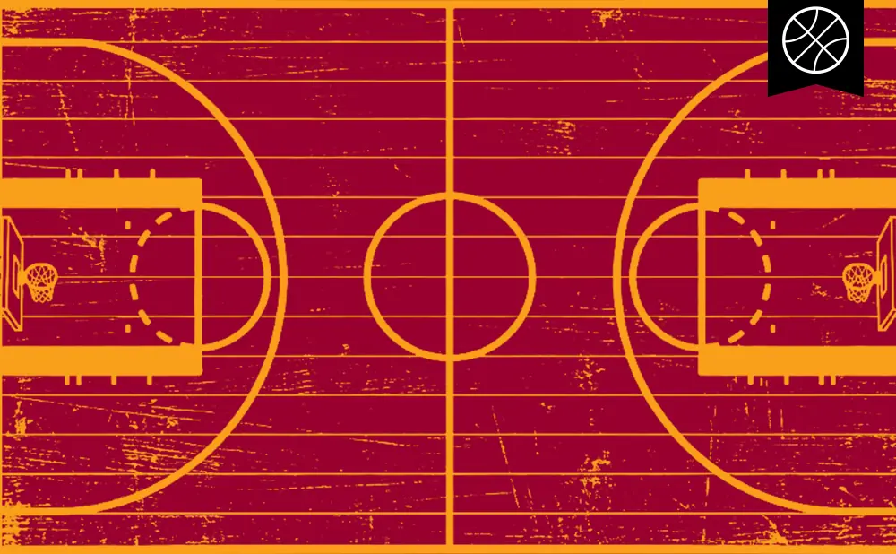 A grunge-textured basketball court with two hoops and a central circle.