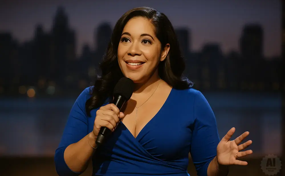Comedian holds microphone while speaking, wearing a blue dress and a necklace.