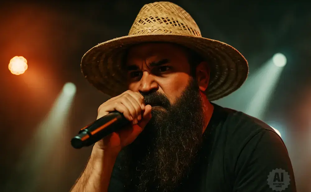 A man with a beard and a straw hat holds a microphone to his mouth, illuminated by stage lights.