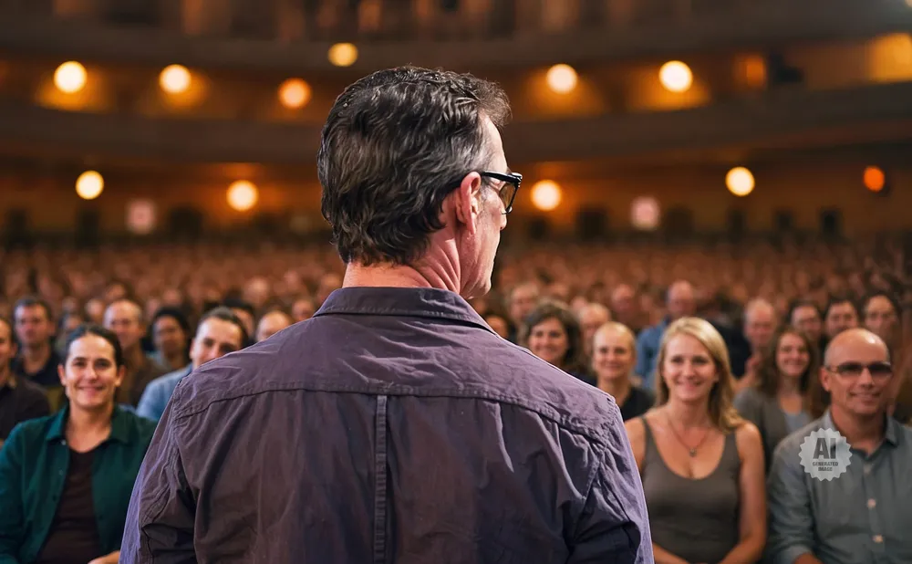 A man in a purple shirt faces away from the camera, speaking to a large, seated audience.