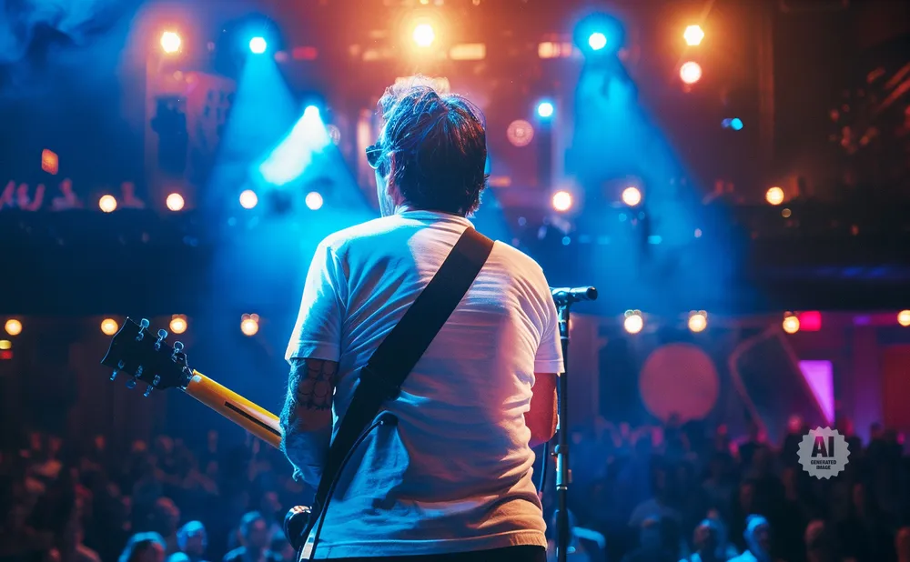 Guitarist on stage facing away from camera, illuminated by blue and orange lights, with a blurred audience in the background.