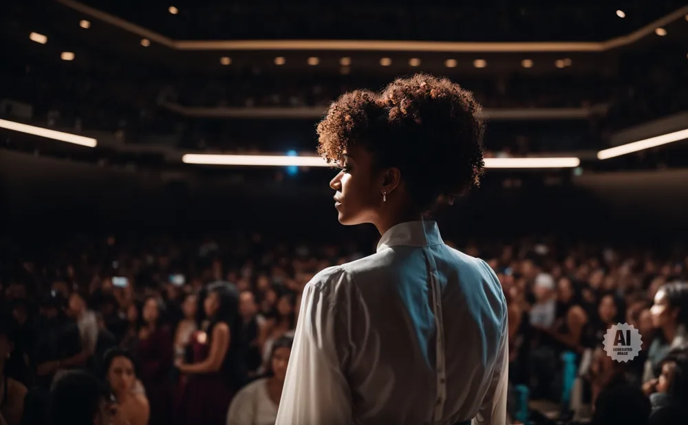 A woman with curly hair stands on a stage, facing a large audience.