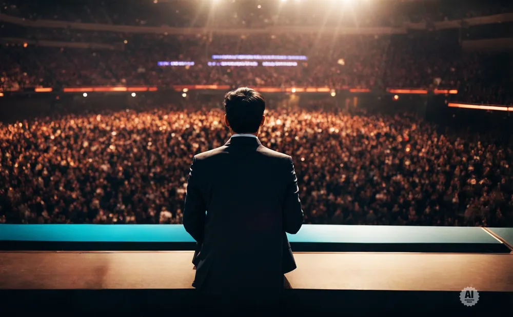 A man in a suit stands on a stage facing a large, cheering crowd in a stadium.