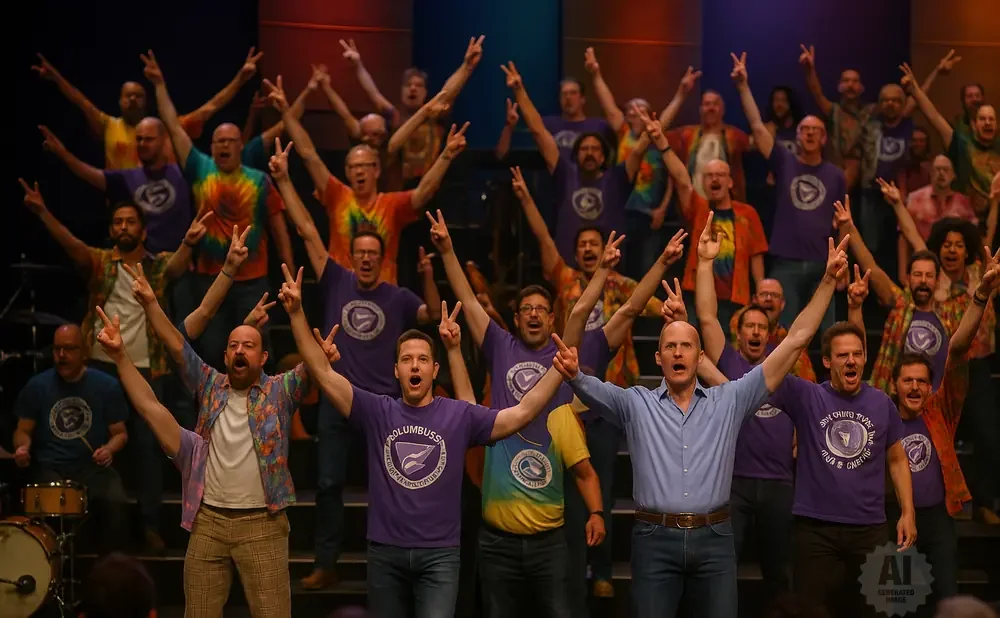A group of men in purple shirts and colorful tie-dye shirts sing with their arms raised in peace signs.