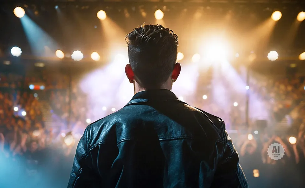 A person in a leather jacket faces a bright stage with a blurred crowd.
