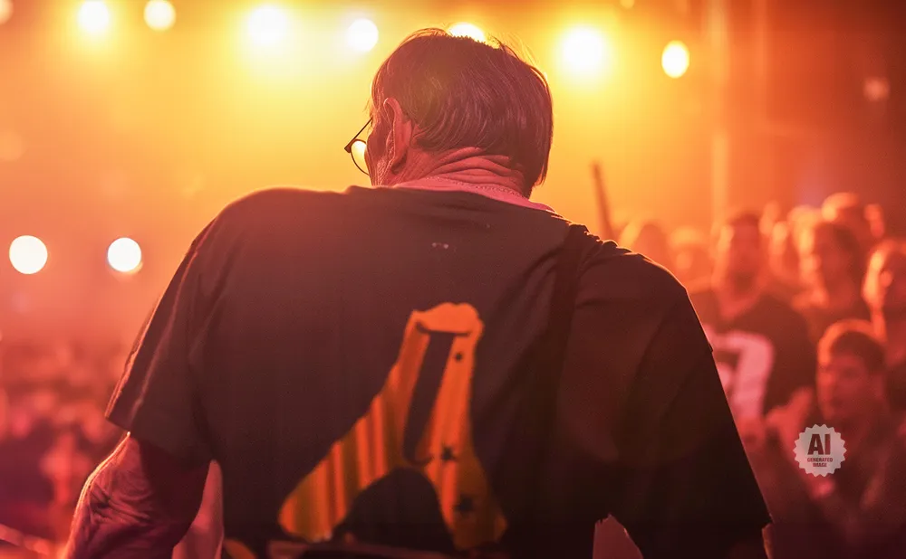 Man in a black t-shirt with an orange graphic stands in front of a crowd under bright orange lights.