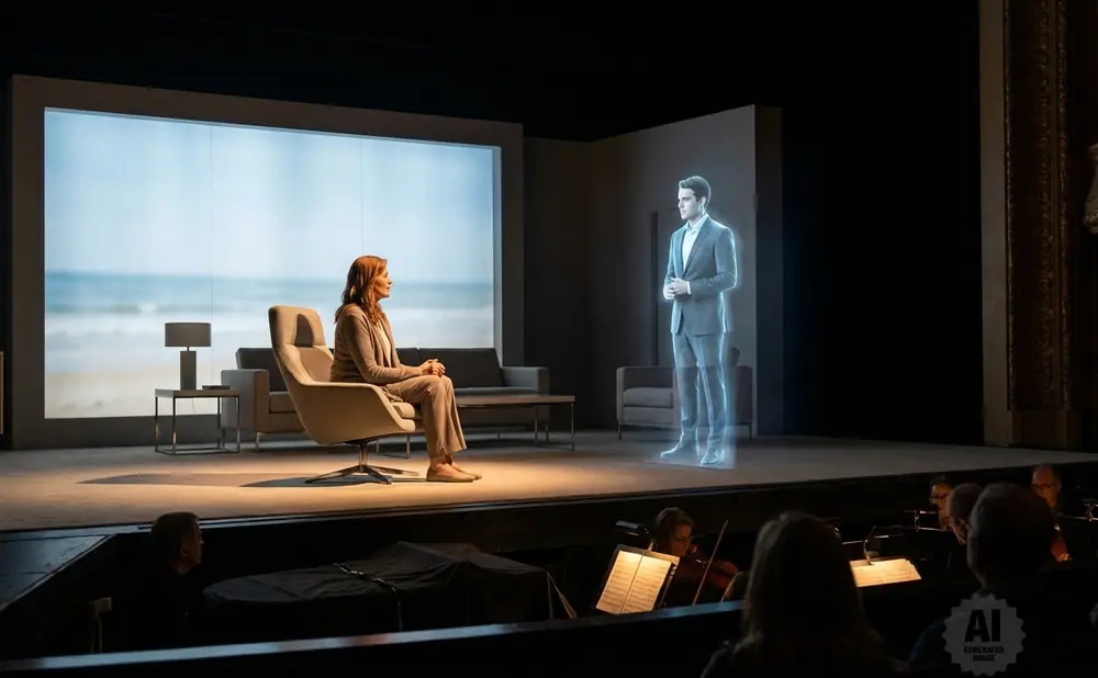 A woman sits in a chair facing a holographic man on a stage.