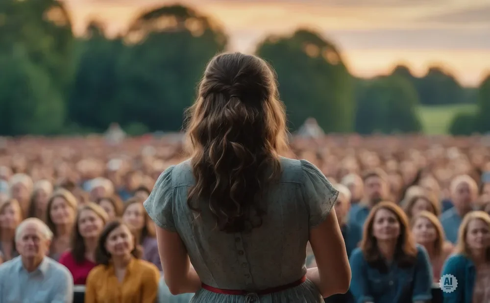 Woman with braided hair in a blue dress addresses a large outdoor crowd at sunset.