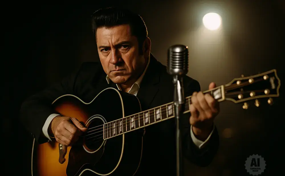 A man in a suit plays an acoustic guitar in front of a vintage microphone, illuminated by a spotlight.