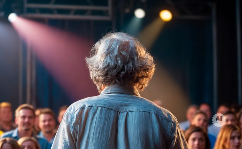 Back view of a person with curly gray hair on a stage, facing a blurred audience under colorful stage lights.