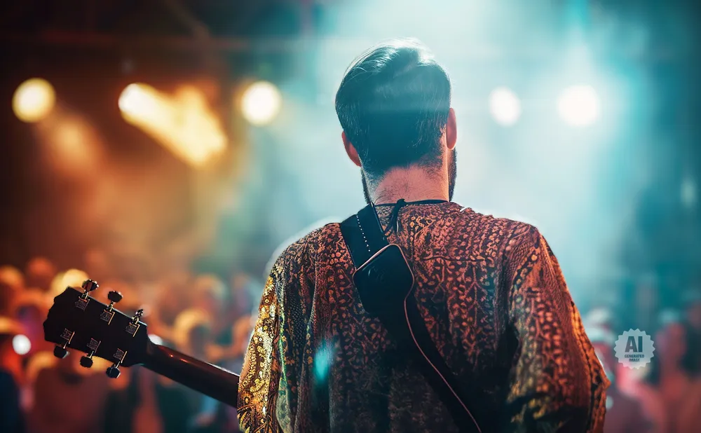 Guitarist on stage with audience blurred in the background, bathed in warm stage lights.