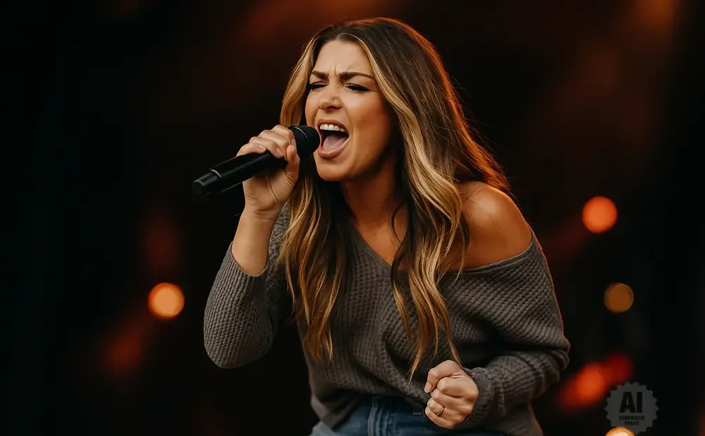 A woman sings into a microphone, eyes closed and mouth open, with her hair falling around her shoulders.