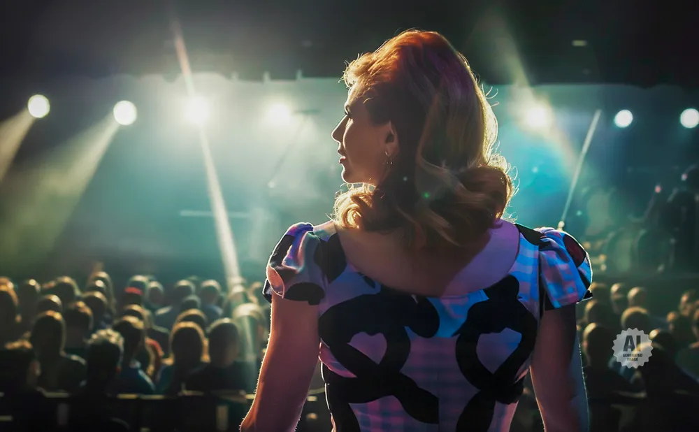 Woman in patterned dress on stage facing an audience, lit by spotlights.