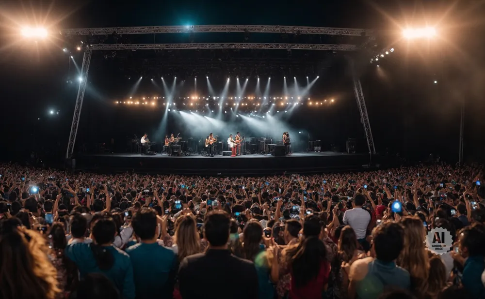 A band performs on a brightly lit stage to a massive crowd of cheering fans holding up phones.