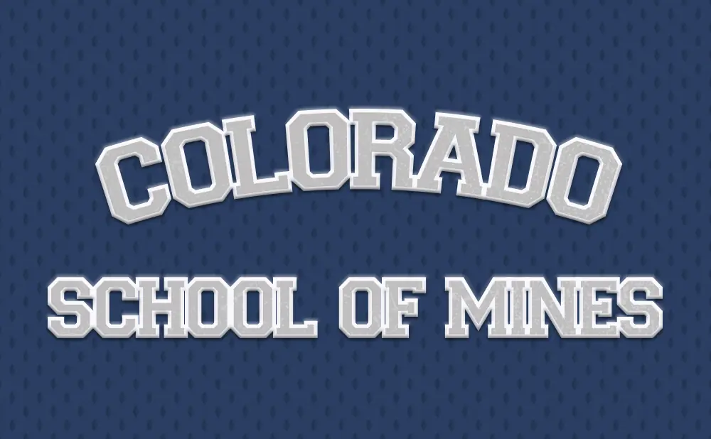 Colorado School of Mines text in white, arched letters on a blue textured background.