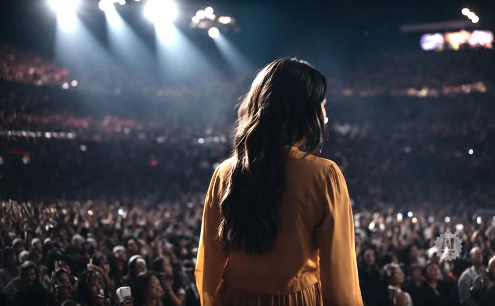 A woman in a yellow top faces a large, cheering crowd under bright stage lights.