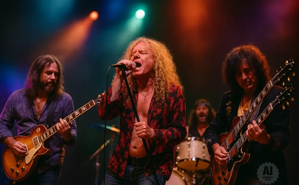 A rock band performs on stage with spotlights.