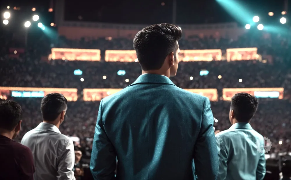 Back view of four men in suits standing before a large, dimly lit audience in an arena.