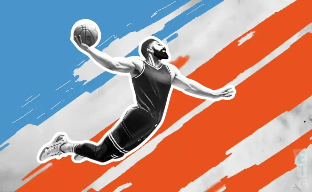 A basketball player dunks against a backdrop of blue and orange stripes.
