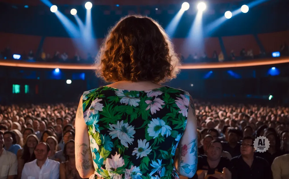 Back view of a woman with curly hair in a floral dress on stage, facing a large audience.