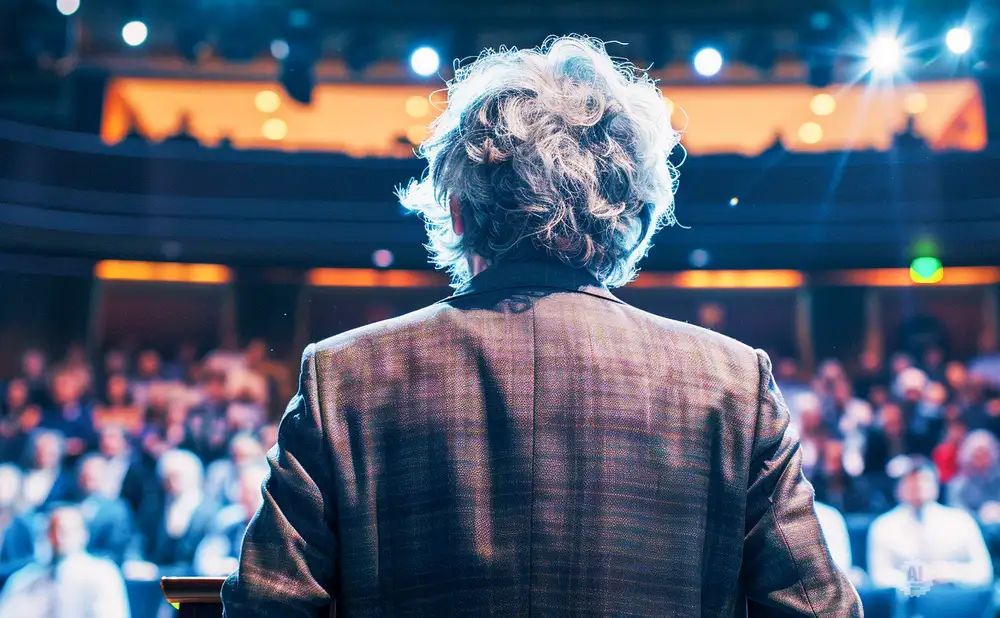 Man with curly hair and suit jacket speaks to audience from behind