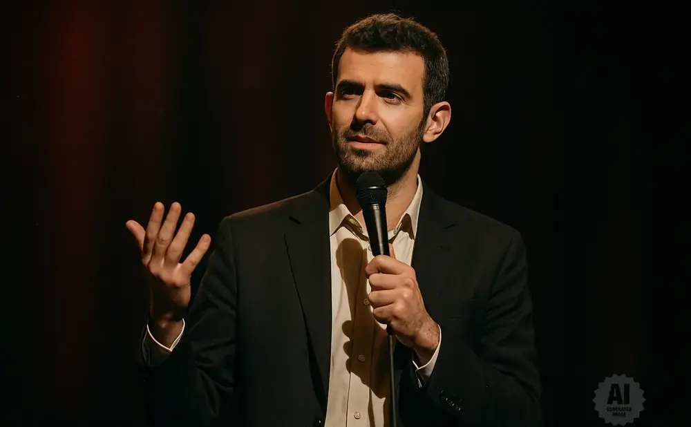 Comedian on stage holding a microphone and gesturing with his hand.