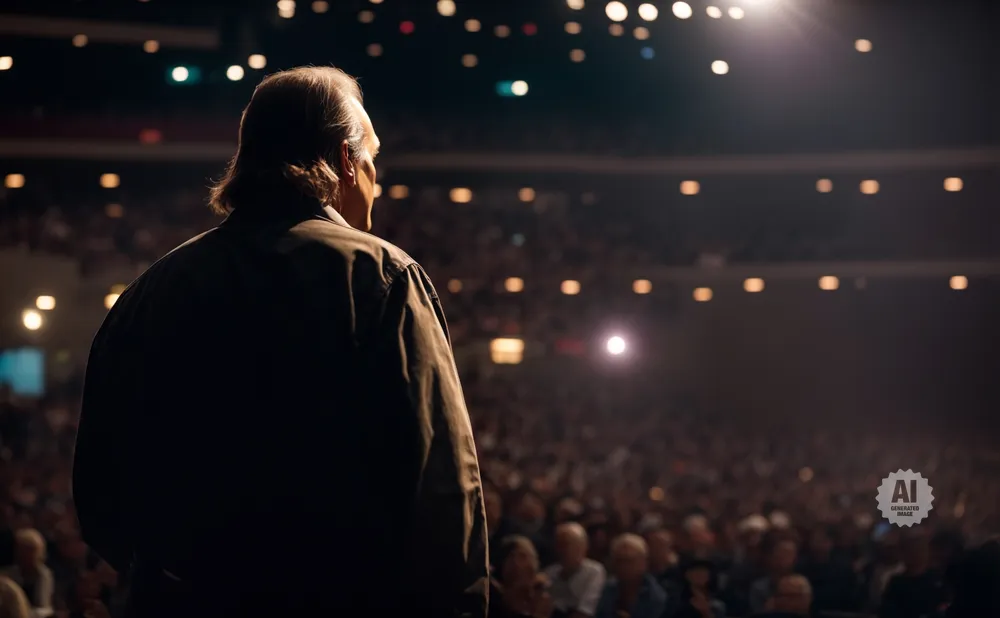 Man in a dark jacket on stage addresses a large, dimly lit audience.