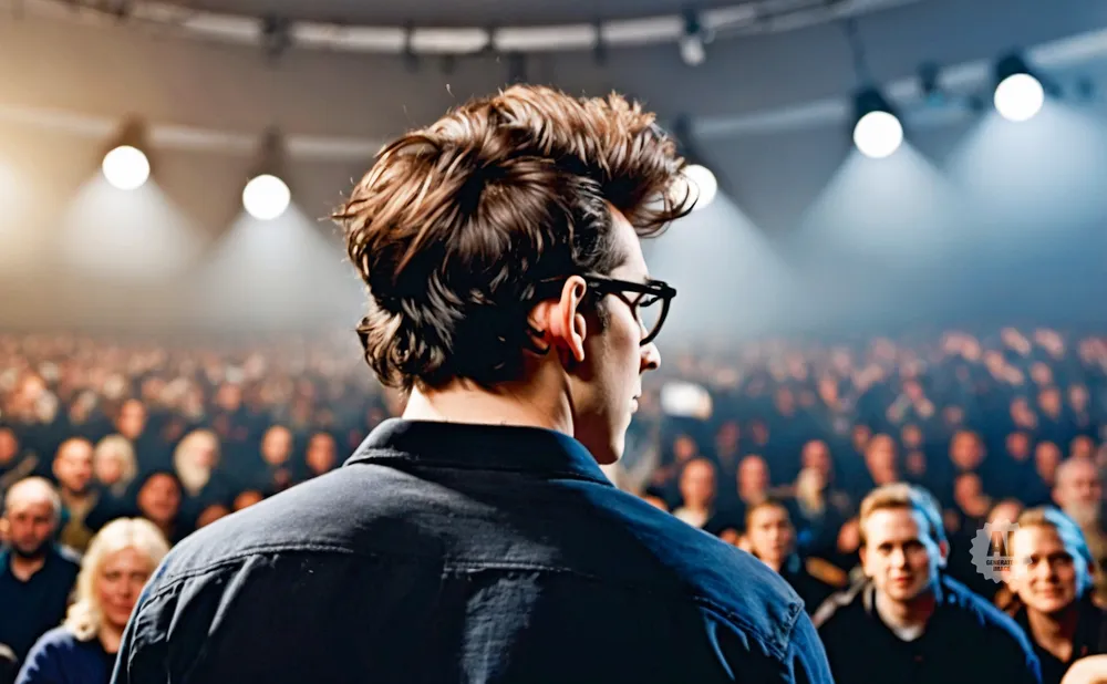 A speaker with styled hair and glasses addresses a large, blurred audience in a well-lit auditorium.