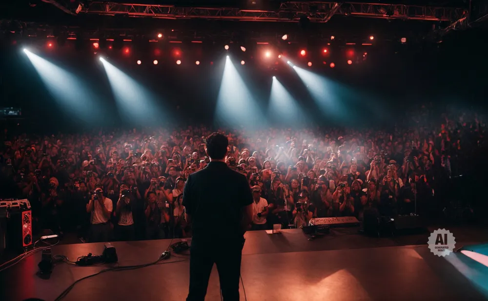 Man on stage faces a cheering crowd holding up cameras and phones under stage lights.