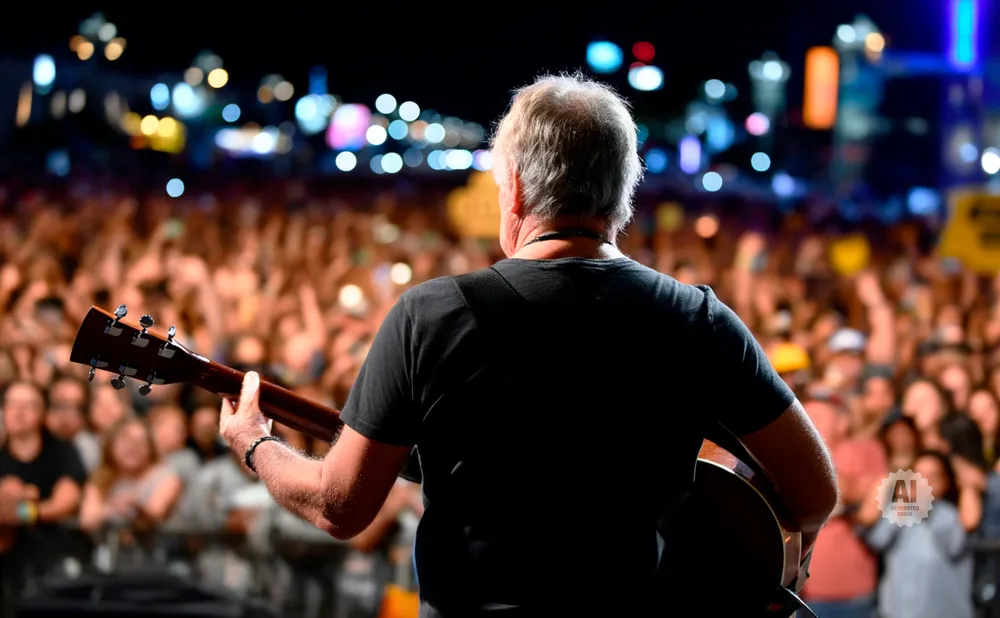 Back view of a guitarist playing for a large, blurred crowd at a concert with bright stage lights.