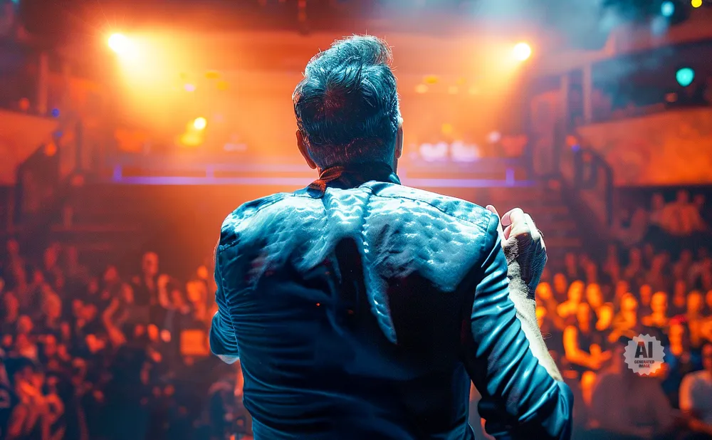 A man in a shiny jacket with a pompadour hairstyle faces away from the camera on a dimly lit stage, with a cheering crowd in the background.