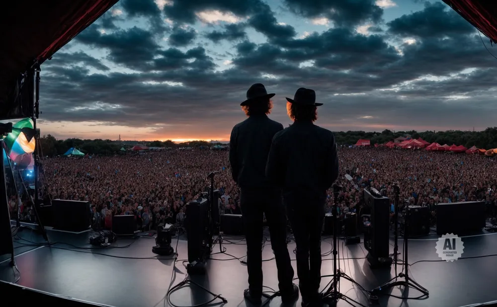 Two figures in hats stand on stage, facing a vast crowd at an outdoor music festival during sunset.