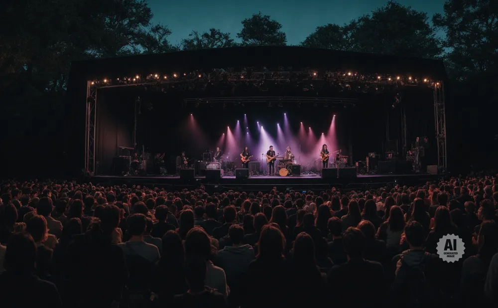 A band performs on a stage lit by pink spotlights to a large audience at dusk.