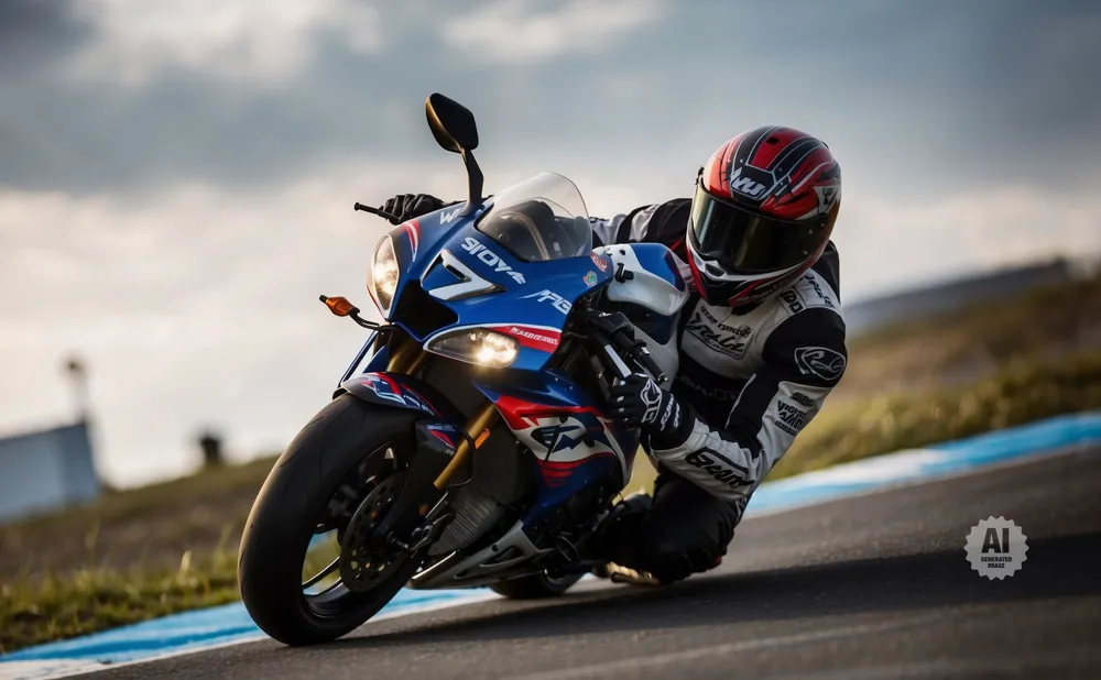 A motorcycle racer leans into a turn on a blue and white sportbike.