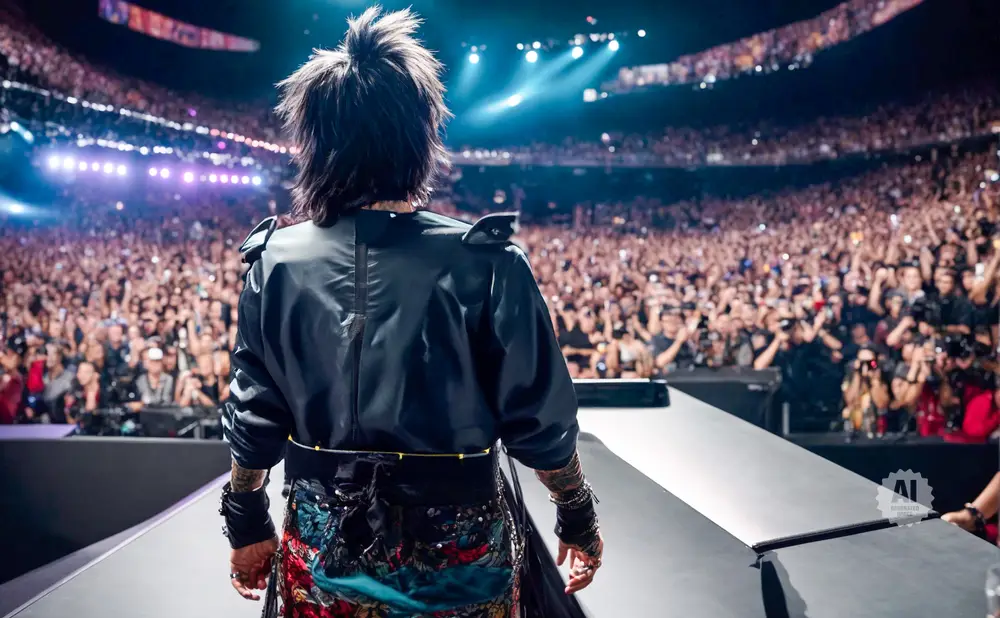 A musician with spiky hair and elaborate clothing stands on a stage facing a huge, cheering crowd.