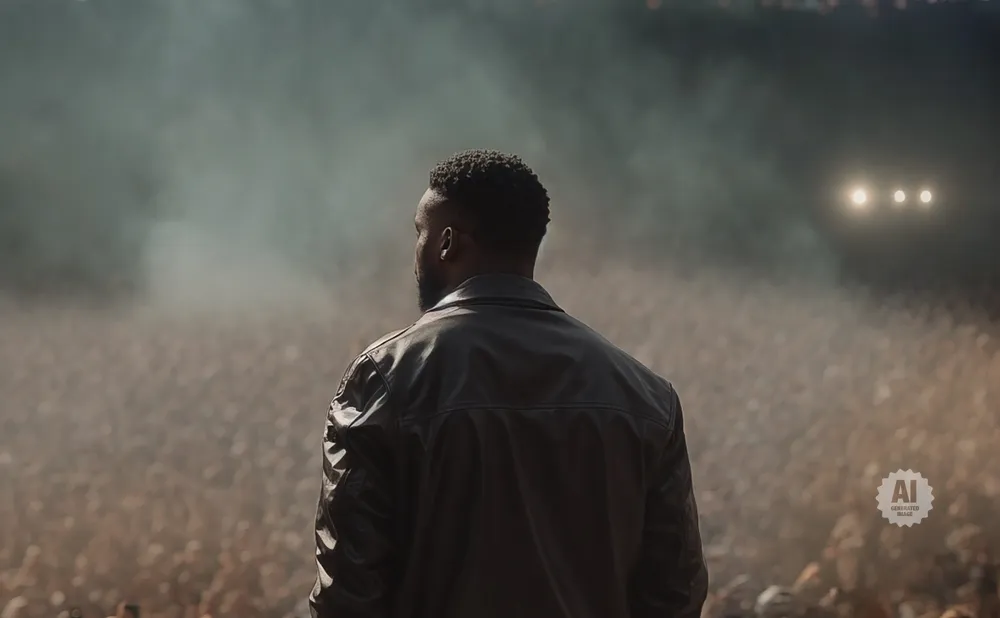 A man in a leather jacket faces away from the camera, looking at a large, indistinct crowd under smoky, lit skies.