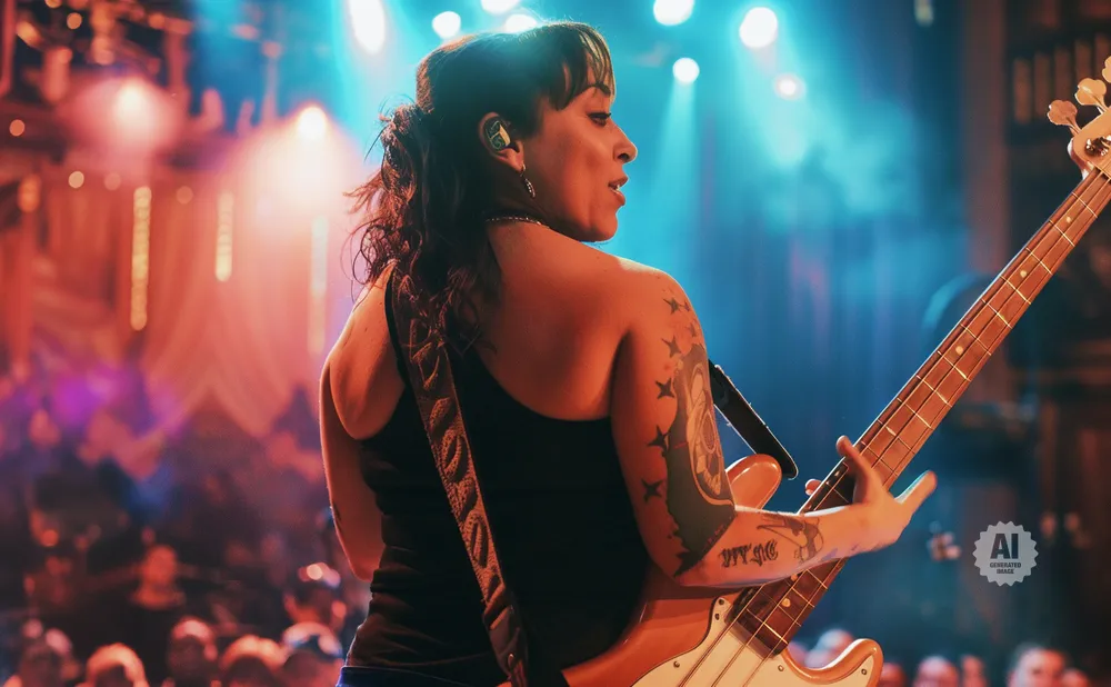 Woman playing a bass guitar on stage with colorful lights and a blurred audience.