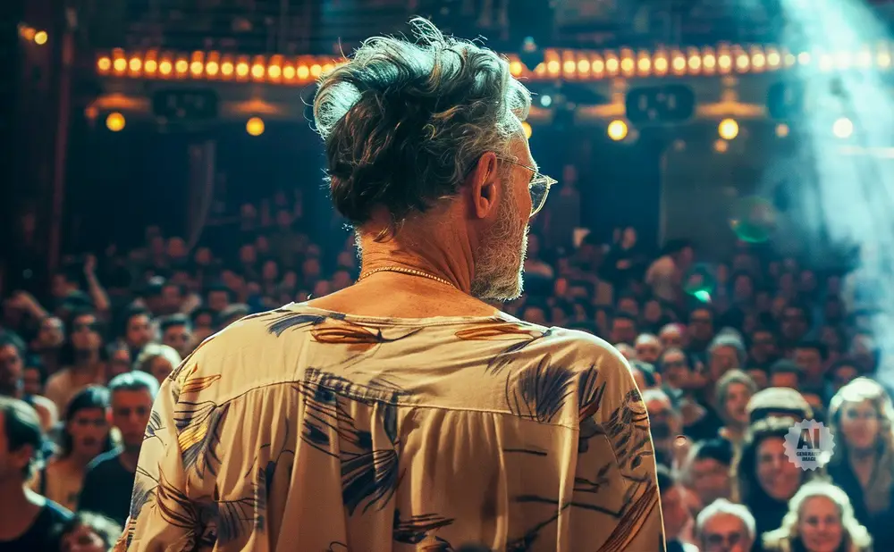Man in a patterned shirt faces a cheering crowd from a brightly lit stage.