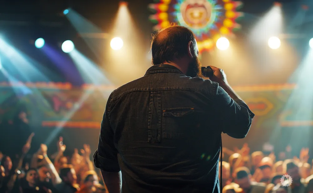 A man with a beard sings into a microphone on stage, with a crowd and spotlights behind him.