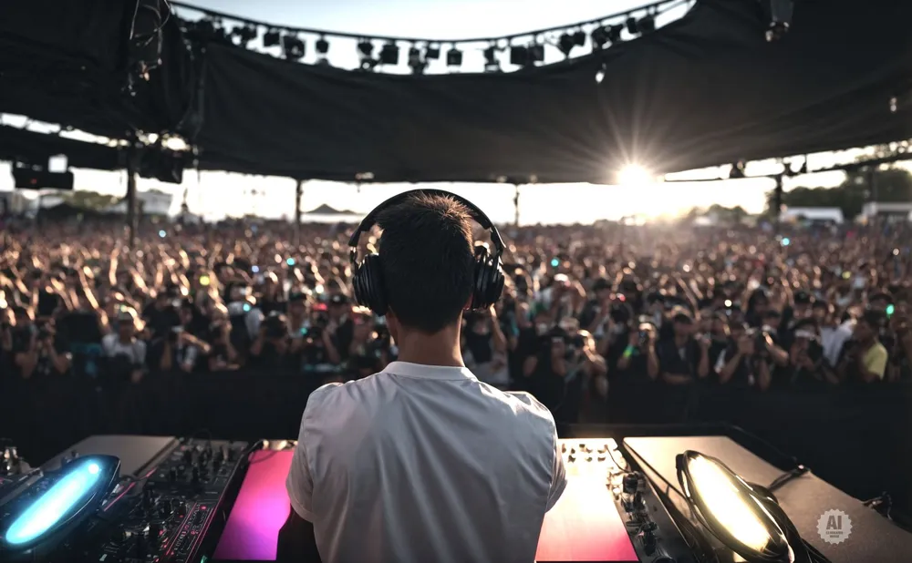 DJ in headphones plays to a large, cheering crowd at an outdoor concert as the sun sets.